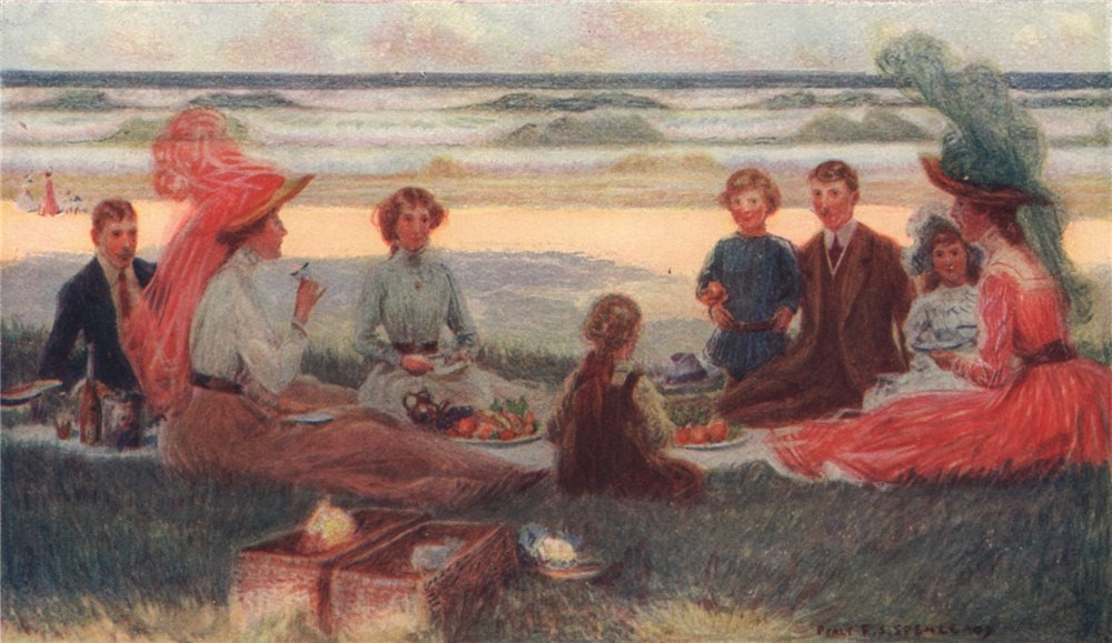 'A harbour picnic' by Percy Spence. Australia 1910 old antique print picture